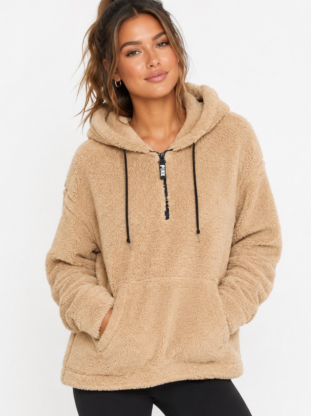Victoria’s Secret PINK Tan Cozy Teddy Sherpa Quarter Zip Hoodie Warm Comfy Sz L